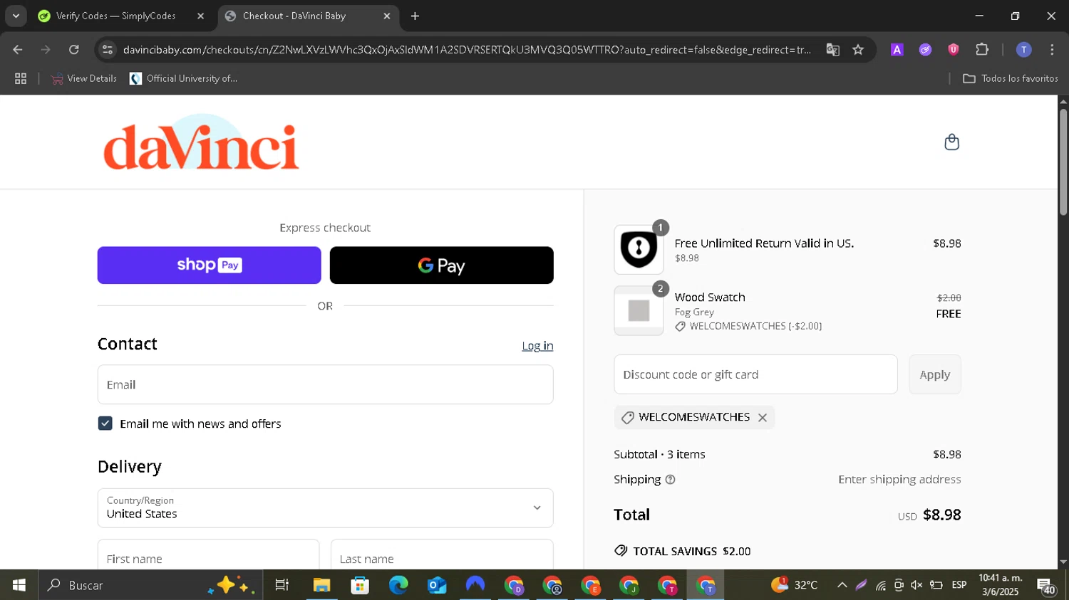 DaVinci promo code screenshot showing code welcomeswatches applied at DaVinci checkout page. Uploaded by SimplyCodes community member ShrewdSaver8478 on Jun 3, 2025