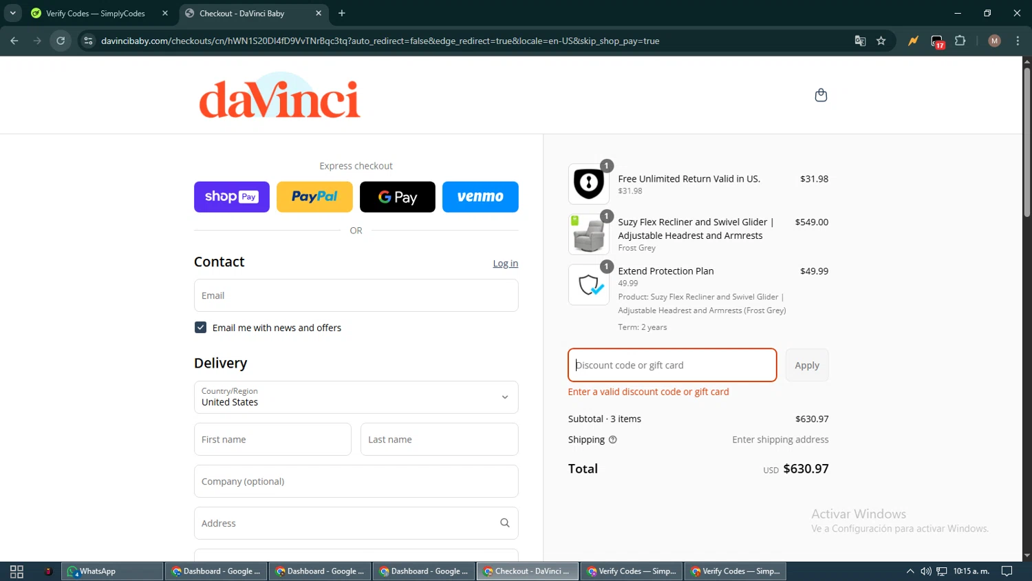 DaVinci promo code screenshot showing code NEW10 applied at DaVinci checkout page. Uploaded by SimplyCodes community member DiscountTitan4635 on Aug 5, 2025
