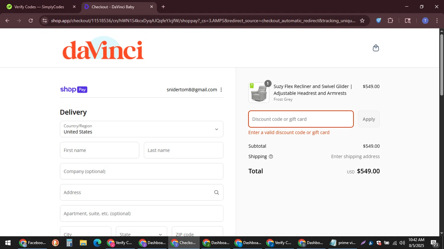 DaVinci promo code screenshot showing code NEW10 applied at DaVinci checkout page. Uploaded by SimplyCodes community member snidertom8 on Aug 5, 2025