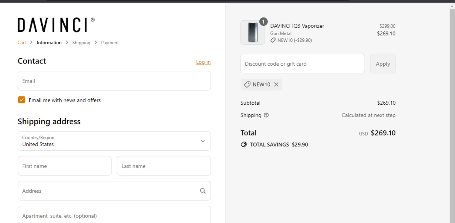 DaVinci promo code screenshot showing code NEW10 applied at DaVinci checkout page. Uploaded by SimplyCodes community member LALOCOMOTORA10 on Aug 5, 2025