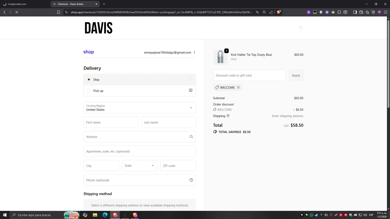 Davis Active checkout page showing Davis Active discount code box | Screenshot taken by SimplyCodes community member on Feb 1, 2026