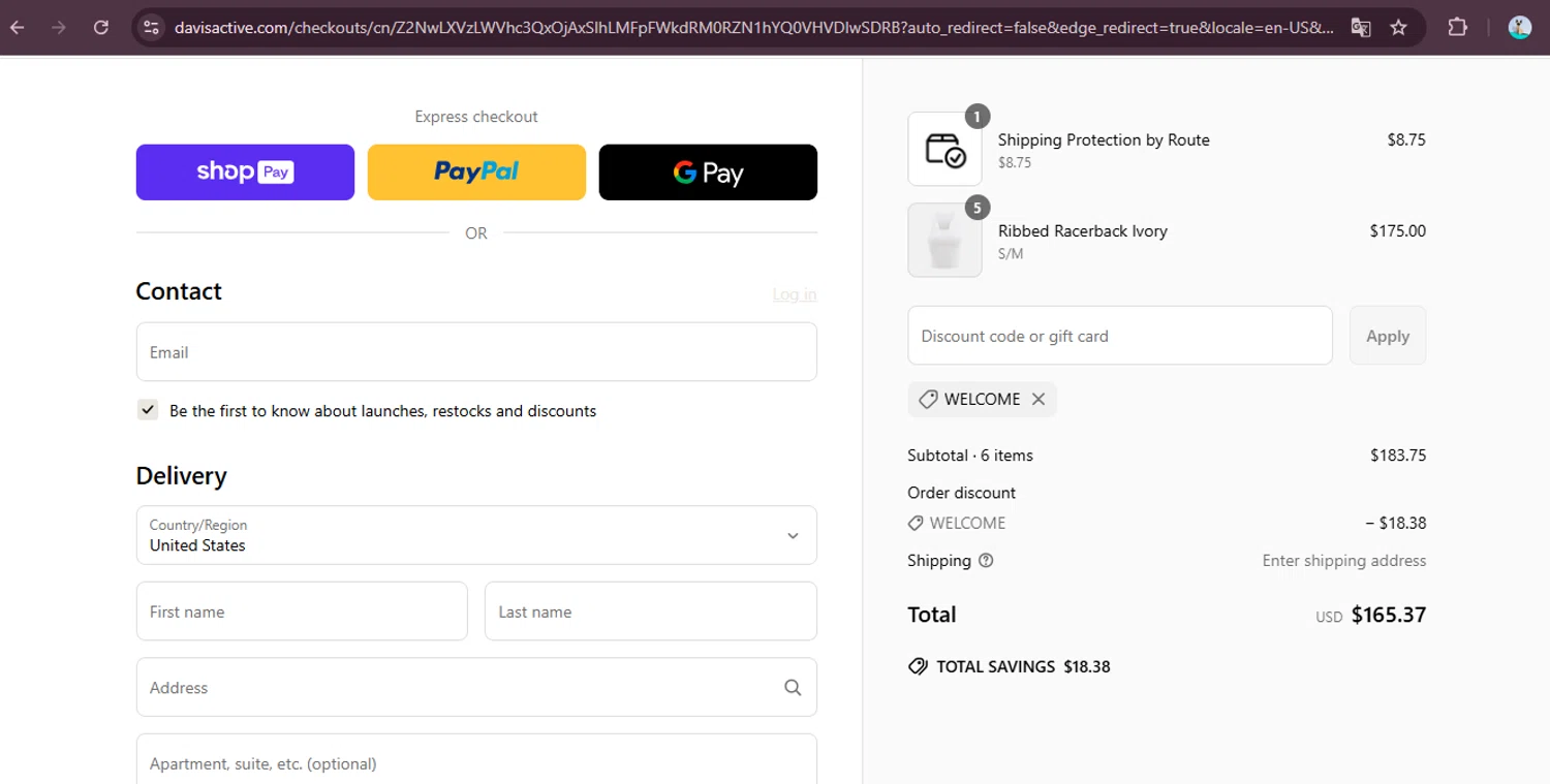 Davis Active discount code screenshot showing code WELCOME applied at Davis Active checkout page. Uploaded by SimplyCodes community member elgatobravo on Jun 12, 2025