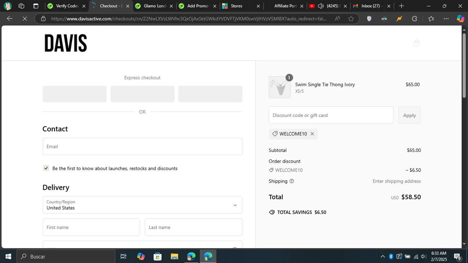 Davis Active discount code screenshot showing code WELCOME10 applied at Davis Active checkout page. Uploaded by SimplyCodes community member Don_Quixote on Feb 7, 2025