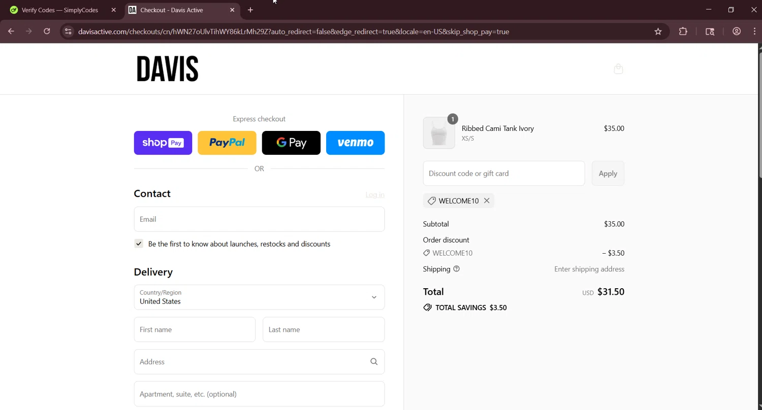 Davis Active discount code screenshot showing code WELCOME10 applied at Davis Active checkout page. Uploaded by SimplyCodes community member LuckyNavigator1490 on Aug 23, 2025