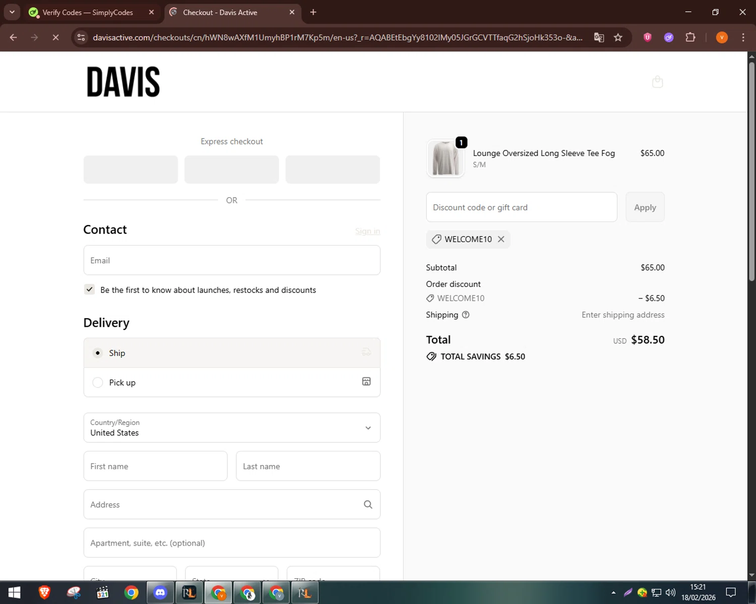 Davis Active discount code screenshot showing code WELCOME10 applied at Davis Active checkout page. Uploaded by SimplyCodes community member bulbasaur69 on Feb 18, 2026