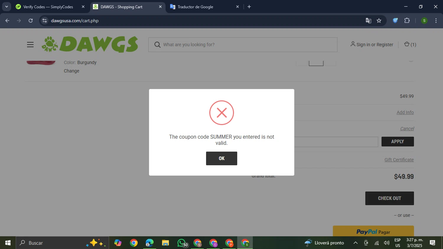 DAWGS coupon code screenshot showing code SUMMER applied at DAWGS checkout page. Uploaded by SimplyCodes community member RewardMaverick445 on Jul 3, 2025