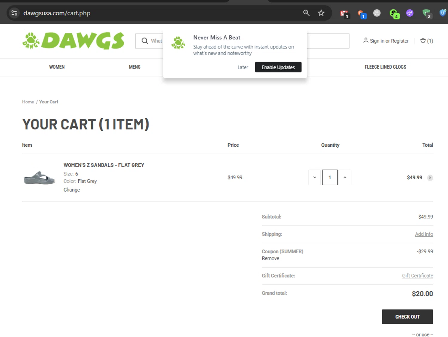 DAWGS coupon code screenshot showing code SUMMER applied at DAWGS checkout page. Uploaded by SimplyCodes community member jfromvzla on Aug 9, 2025