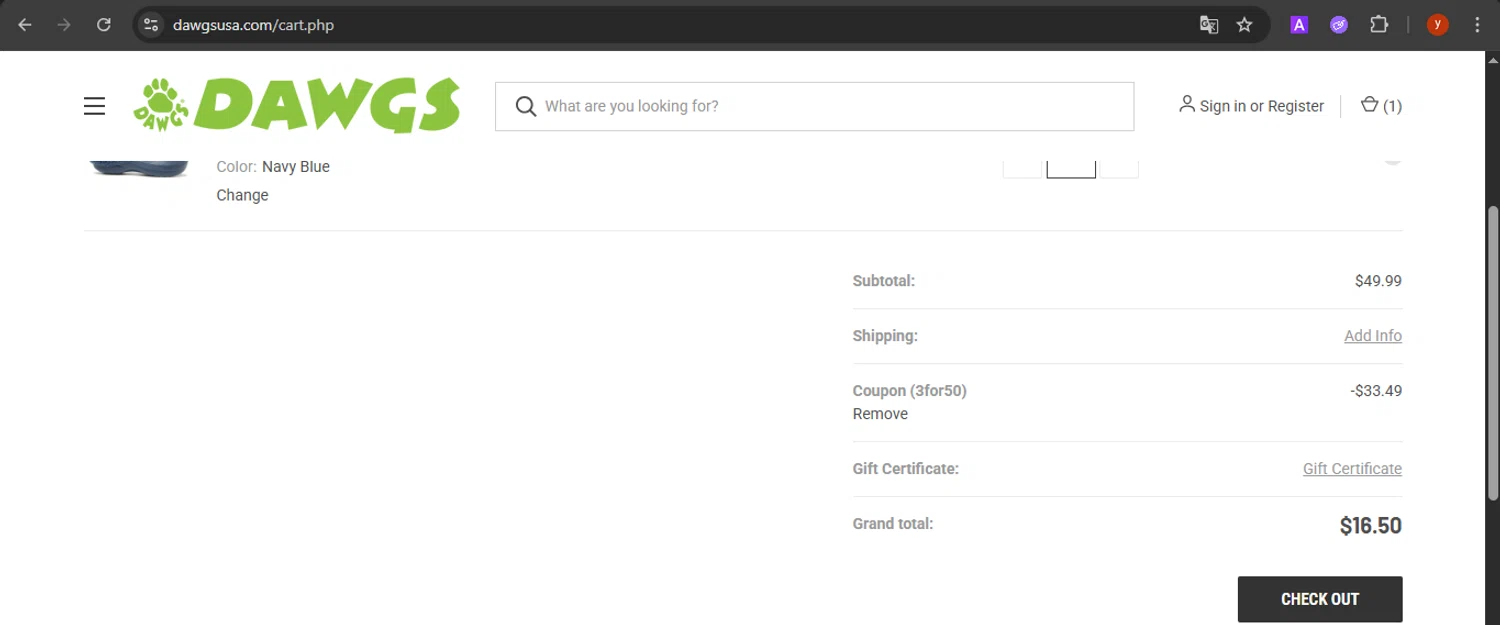 DAWGS coupon code screenshot showing code 3FOR50 applied at DAWGS checkout page. Uploaded by SimplyCodes community member CrownTiger7501 on Aug 10, 2025