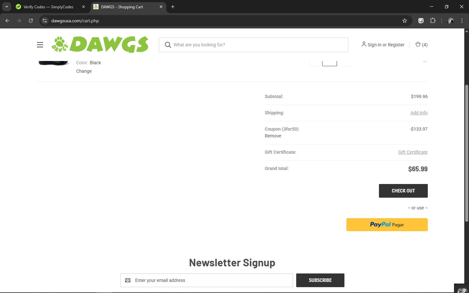 DAWGS coupon code screenshot showing code 3FOR50 applied at DAWGS checkout page. Uploaded by SimplyCodes community member hgjgjhgkgjhgjgkjghj on Aug 16, 2025
