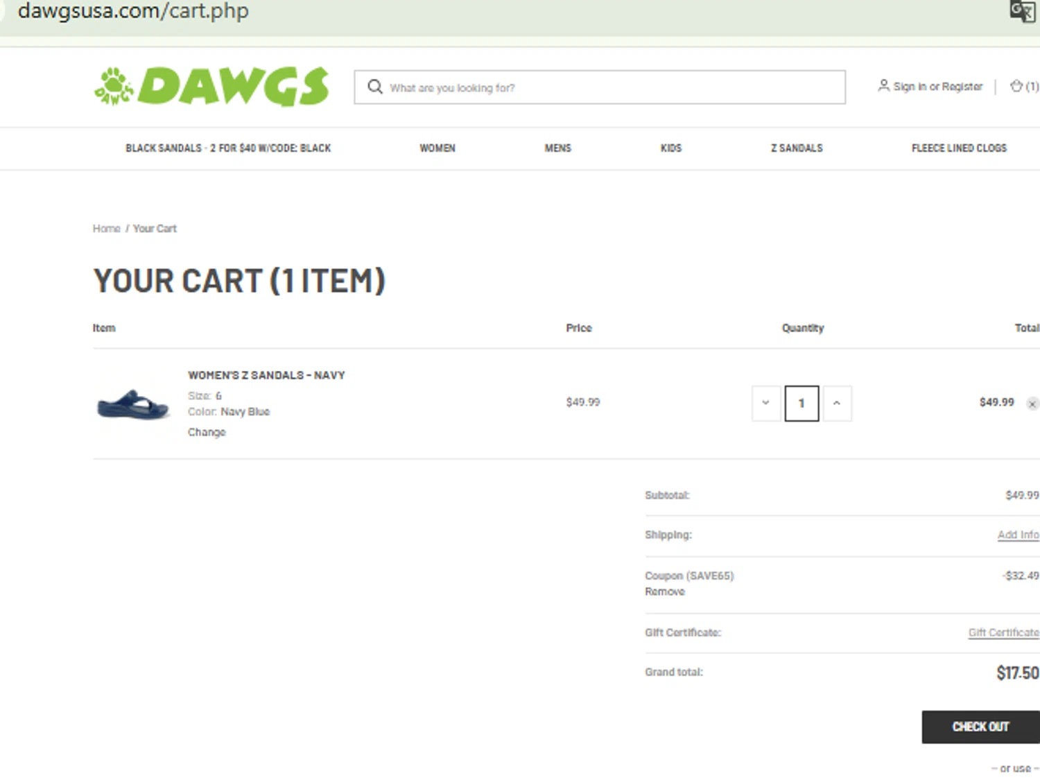 DAWGS coupon code screenshot showing code SAVE65 applied at DAWGS checkout page. Uploaded by SimplyCodes community member CashMaestro9337 on Jul 24, 2025