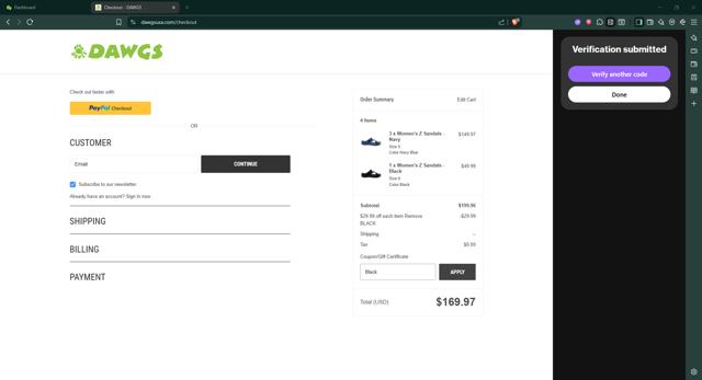 DAWGS checkout page showing DAWGS coupon code box | Screenshot taken by SimplyCodes community member on Sep 13, 2025