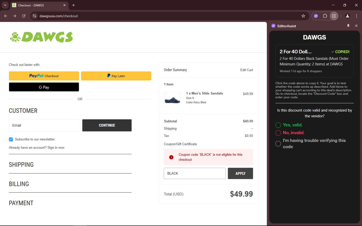 DAWGS coupon code screenshot showing code BLACK applied at DAWGS checkout page. Uploaded by SimplyCodes community member JuiceWRLD17 on Aug 22, 2025