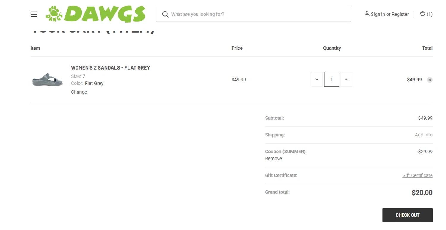 DAWGS coupon code screenshot showing code SUMMER applied at DAWGS checkout page. Uploaded by SimplyCodes community member Biden0442069257555 on Jul 15, 2025