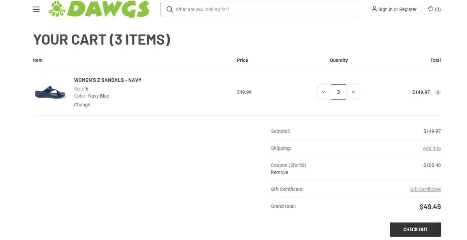 DAWGS coupon code screenshot showing code 3for50 applied at DAWGS checkout page. Uploaded by SimplyCodes community member Biden0442069257555 on Jul 29, 2025