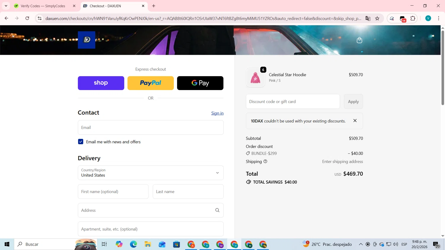 DAXUEN checkout page showing DAXUEN promo code box | Screenshot taken by SimplyCodes community member on Feb 21, 2026