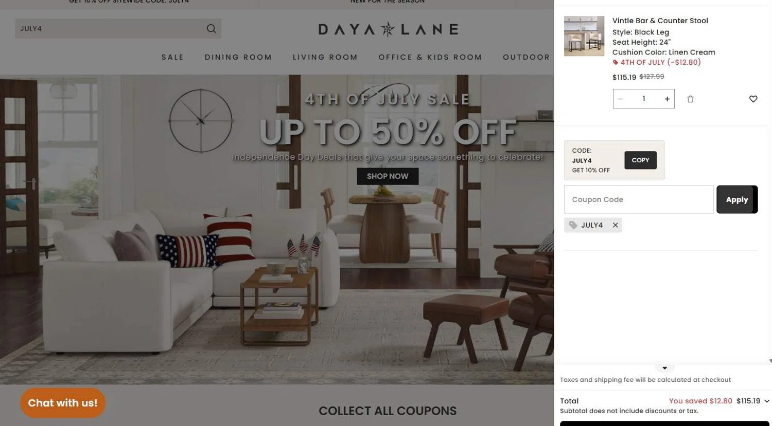 Daya Lane coupon code screenshot showing code july4 applied at Daya Lane checkout page. Uploaded by SimplyCodes community member stygian1 on Jun 30, 2025