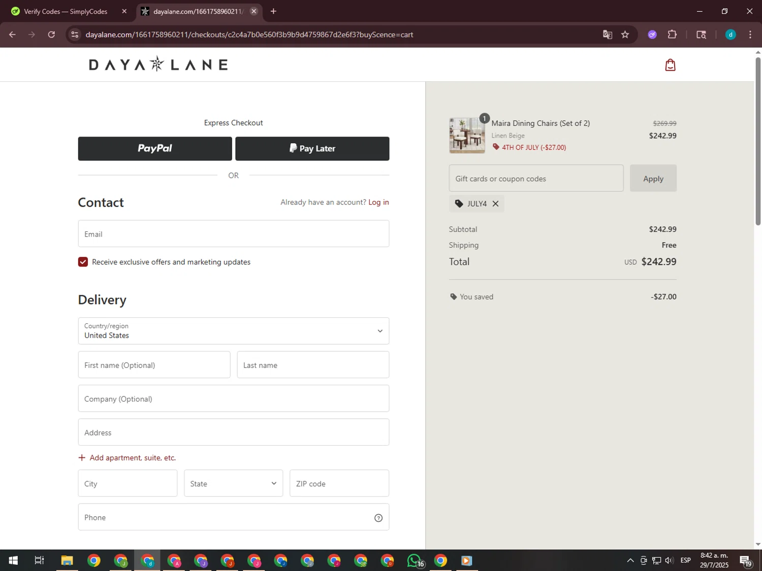 Daya Lane coupon code screenshot showing code july4 applied at Daya Lane checkout page. Uploaded by SimplyCodes community member GloriousTiger3507 on Jul 29, 2025