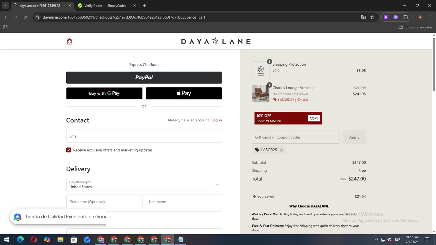 Daya Lane checkout page showing Daya Lane coupon code box | Screenshot taken by SimplyCodes community member on Jan 7, 2026