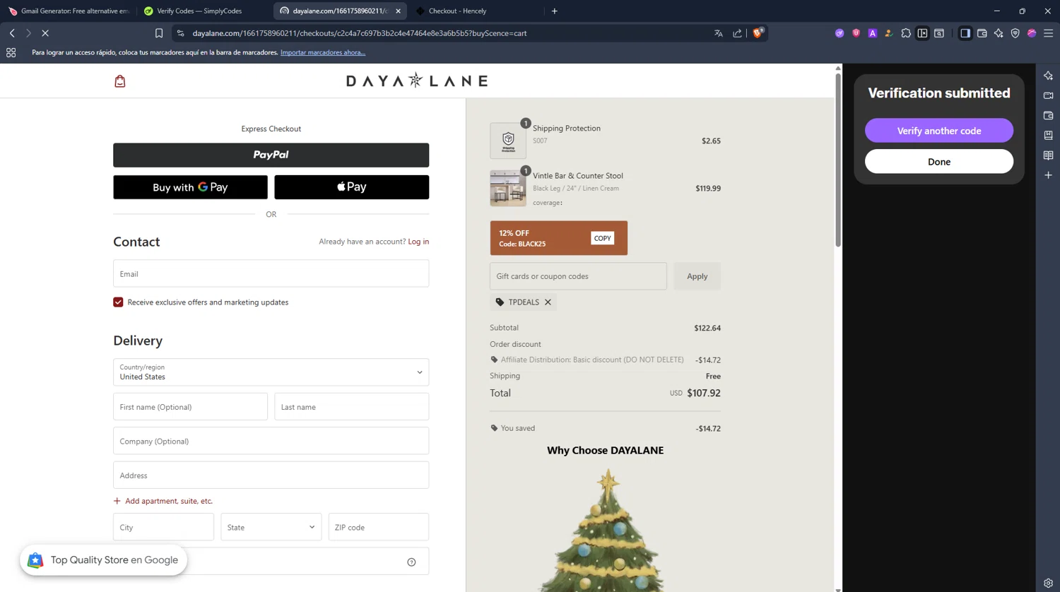 Daya Lane coupon code screenshot showing code TPDEALS applied at Daya Lane checkout page. Uploaded by SimplyCodes community member pina_skb on Nov 20, 2025