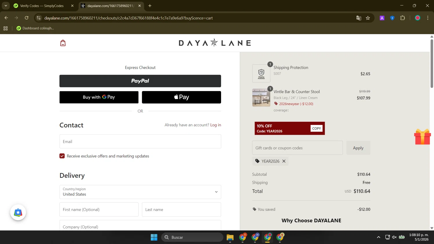 Daya Lane checkout page showing Daya Lane coupon code box | Screenshot taken by SimplyCodes community member on Jan 5, 2026