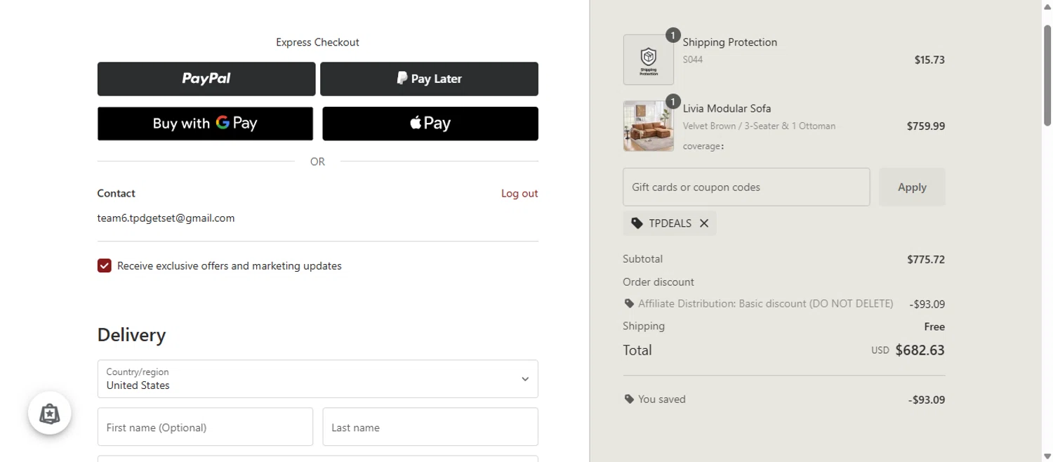 Daya Lane coupon code screenshot showing code TPDEALS applied at Daya Lane checkout page. Uploaded by SimplyCodes community member DiscountCollector3881 on Oct 17, 2025