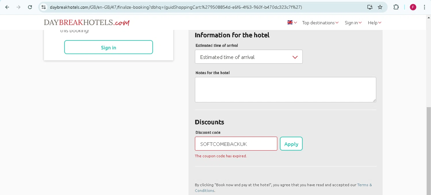DaybreakHotels discount code screenshot showing code SOFTCOMEBACKUK applied at DaybreakHotels checkout page. Uploaded by SimplyCodes community member TokenMonarch796 on Feb 15, 2025