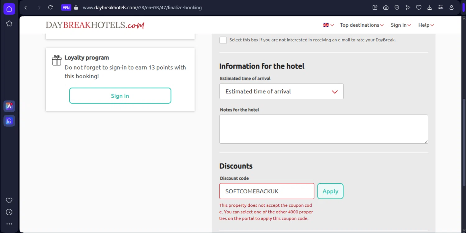 DaybreakHotels discount code screenshot showing code SOFTCOMEBACKUK applied at DaybreakHotels checkout page. Uploaded by SimplyCodes community member SilverKnight4465 on Feb 15, 2025
