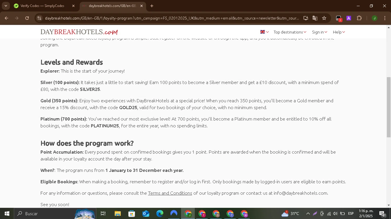 DaybreakHotels discount code screenshot showing code SILVER25 applied at DaybreakHotels checkout page. Uploaded by SimplyCodes community member CleverBoss9743 on Jan 2, 2025