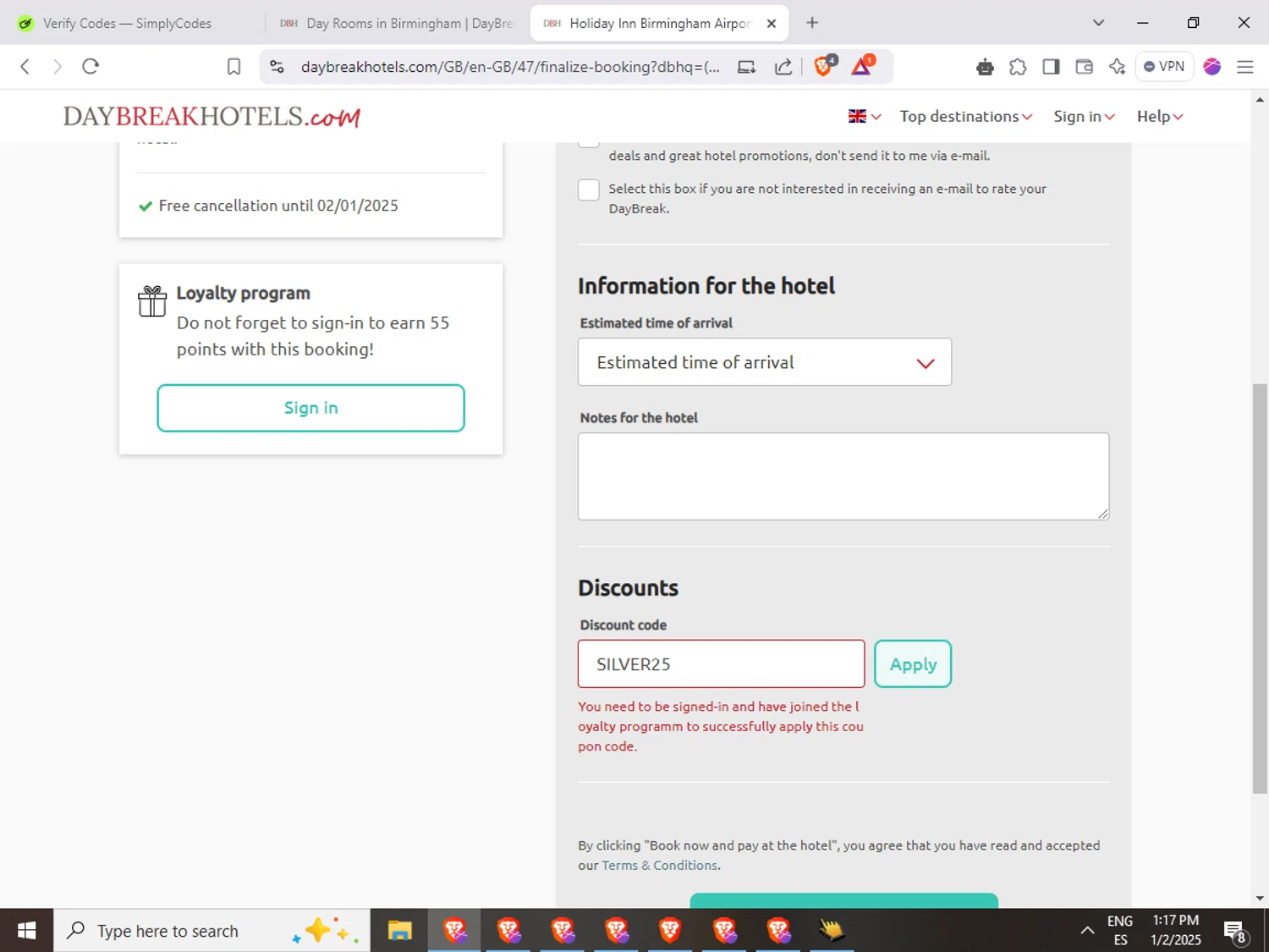 DaybreakHotels discount code screenshot showing code SILVER25 applied at DaybreakHotels checkout page. Uploaded by SimplyCodes community member MagnificentCollector1722 on Jan 2, 2025