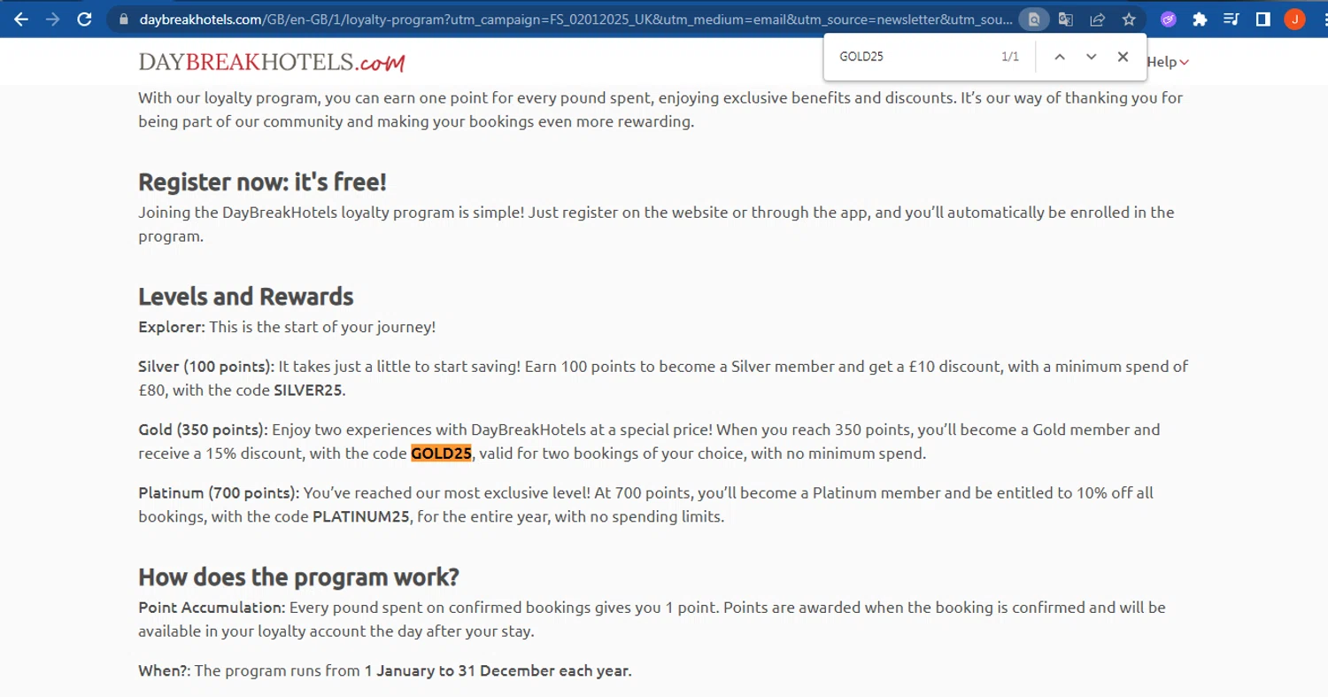DaybreakHotels discount code screenshot showing code GOLD25 applied at DaybreakHotels checkout page. Uploaded by SimplyCodes community member FranquizJoel on Oct 13, 2025