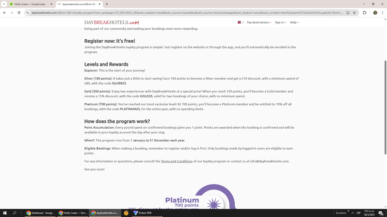 DaybreakHotels discount code screenshot showing code PLATINUM25 applied at DaybreakHotels checkout page. Uploaded by SimplyCodes community member Phoenix585 on Mar 30, 2025