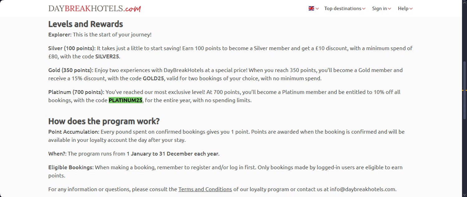 DaybreakHotels discount code screenshot showing code PLATINUM25 applied at DaybreakHotels checkout page. Uploaded by SimplyCodes community member Santi_ago on Mar 1, 2025