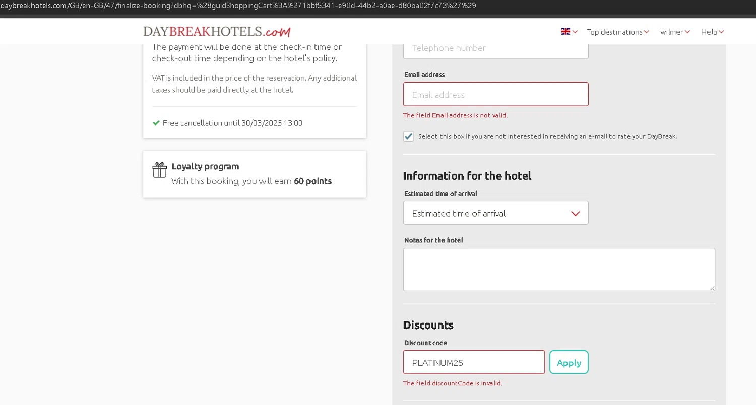 DaybreakHotels discount code screenshot showing code PLATINUM25 applied at DaybreakHotels checkout page. Uploaded by SimplyCodes community member anleo1225 on Mar 30, 2025