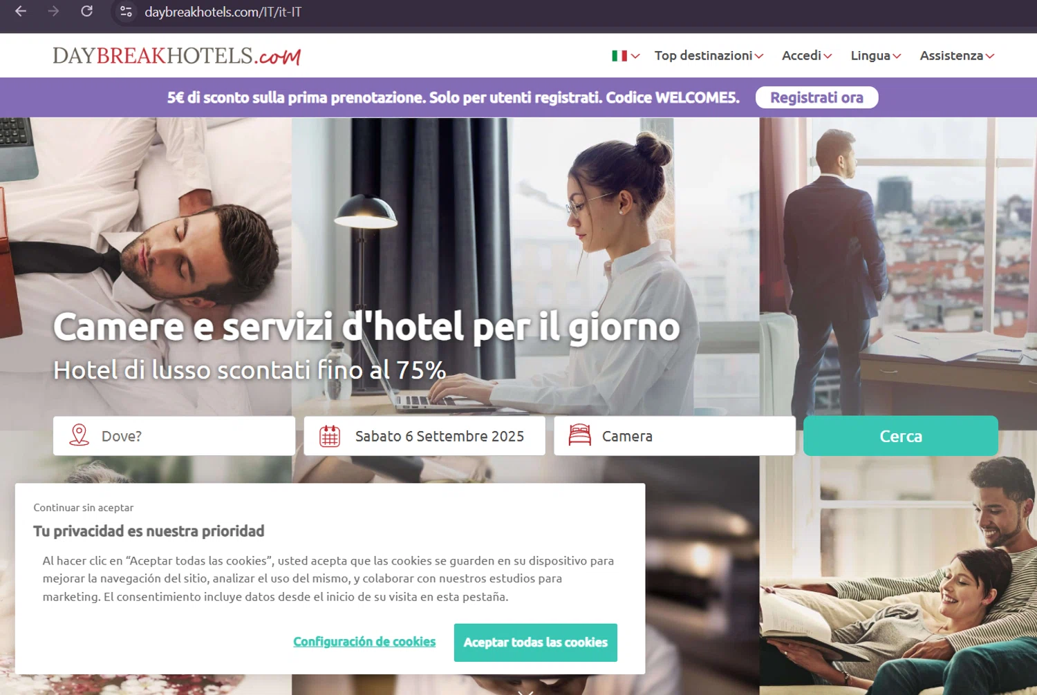 DaybreakHotels discount code screenshot showing code WELCOME5 applied at DaybreakHotels checkout page. Uploaded by SimplyCodes community member CodeWhiz8342 on Sep 6, 2025