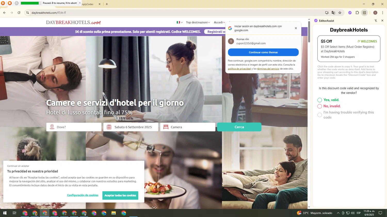 DaybreakHotels discount code screenshot showing code WELCOME5 applied at DaybreakHotels checkout page. Uploaded by SimplyCodes community member Kaizen on Sep 6, 2025