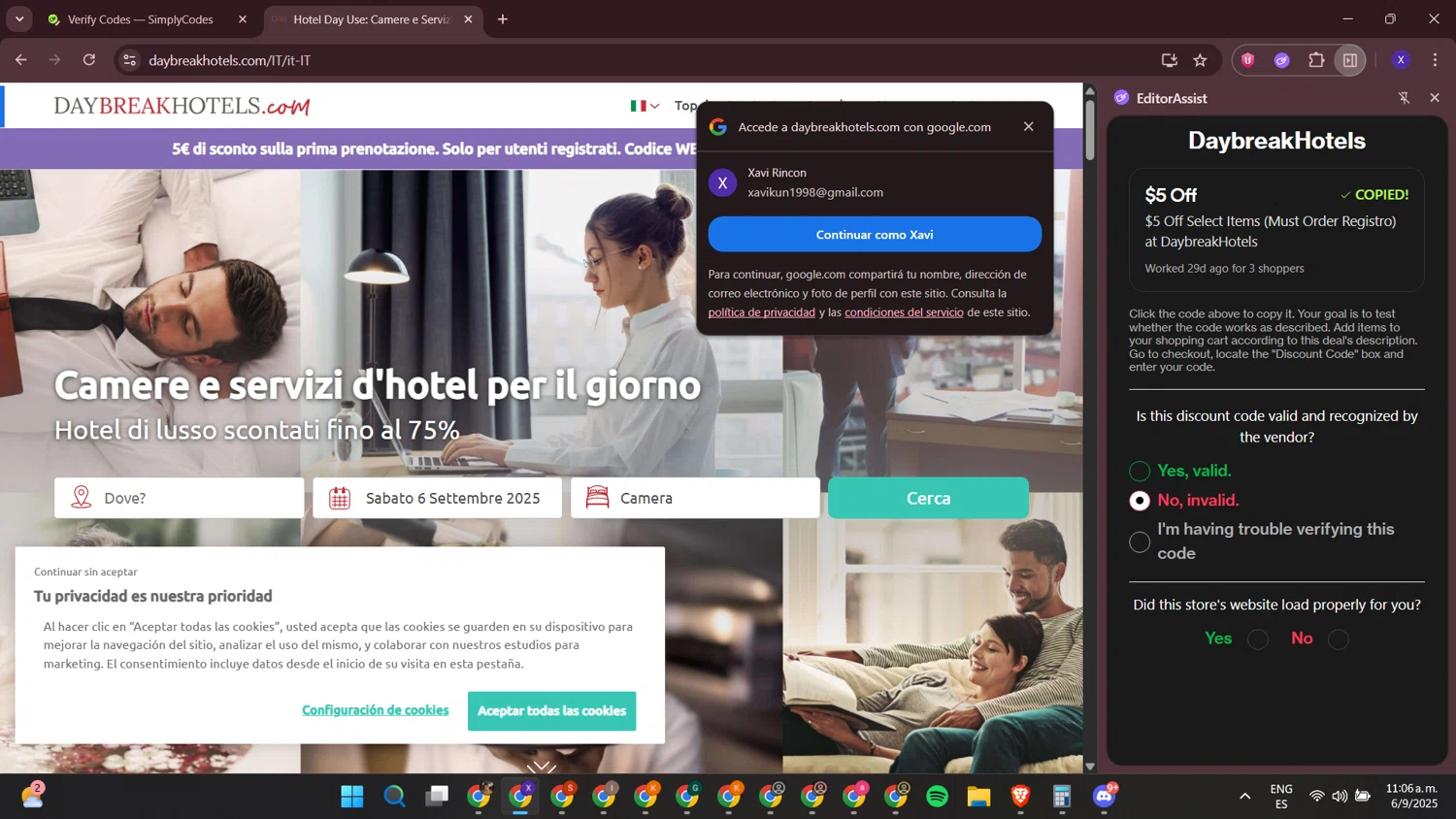DaybreakHotels discount code screenshot showing code WELCOME5 applied at DaybreakHotels checkout page. Uploaded by SimplyCodes community member LewisHamilton on Sep 6, 2025