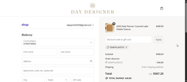 Day Designer checkout page showing Day Designer coupon code box | Screenshot taken by SimplyCodes community member on Sep 14, 2025