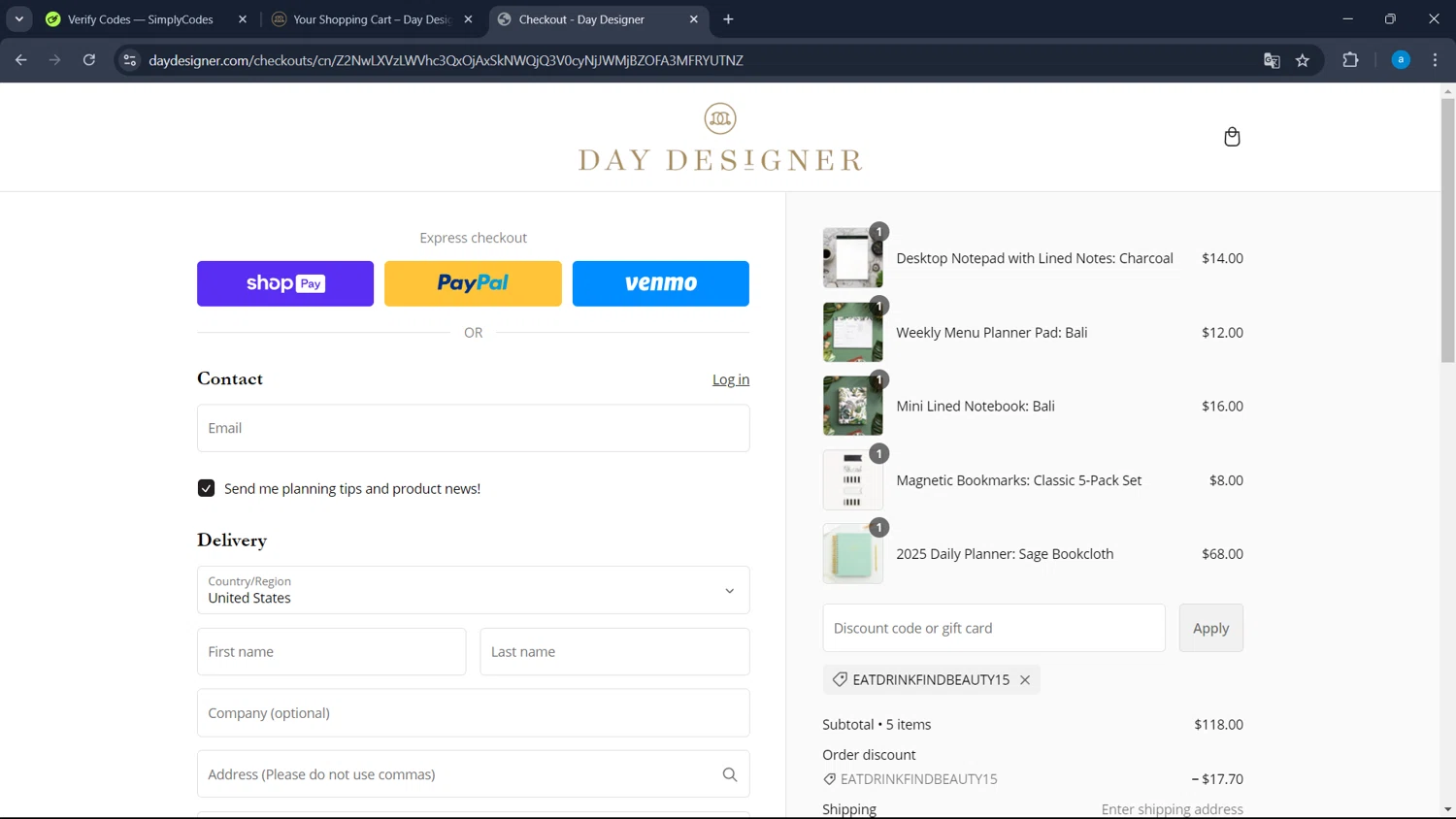 where to use Day Designer promo code box