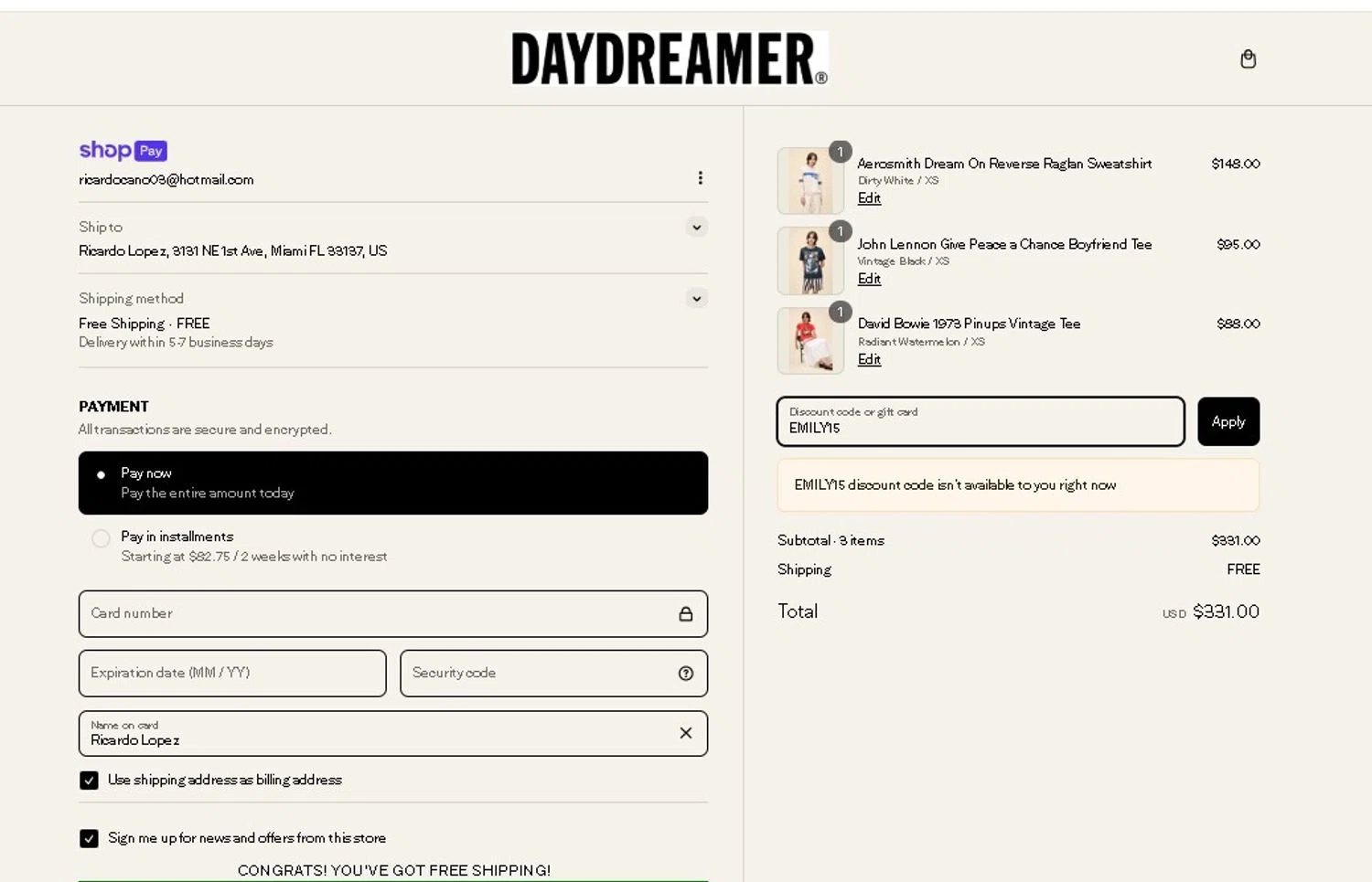 Daydreamer promo code screenshot showing code EMILY15 applied at Daydreamer checkout page. Uploaded by SimplyCodes community member LAMINEJAMAL on Mar 6, 2025