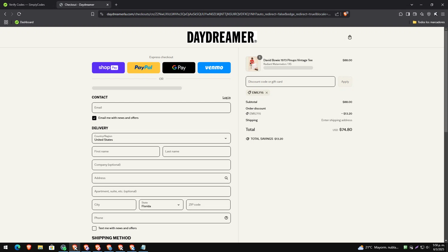 Daydreamer promo code screenshot showing code EMILY15 applied at Daydreamer checkout page. Uploaded by SimplyCodes community member genesisgafaro on Mar 6, 2025