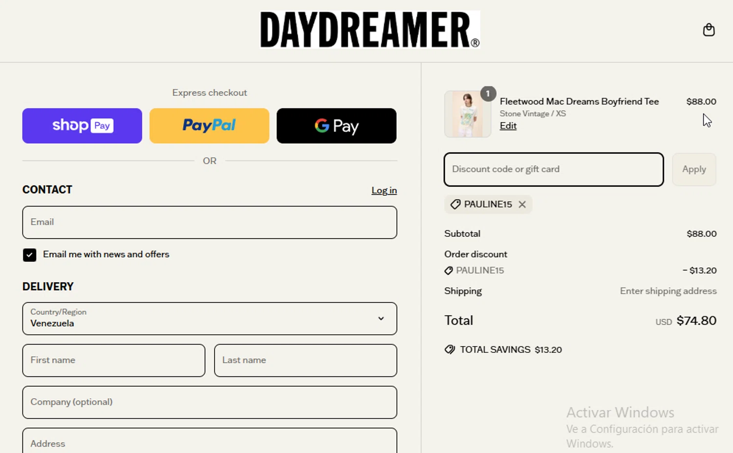 Daydreamer promo code screenshot showing code PAULINE15 applied at Daydreamer checkout page. Uploaded by SimplyCodes community member ligthYA on Apr 9, 2025