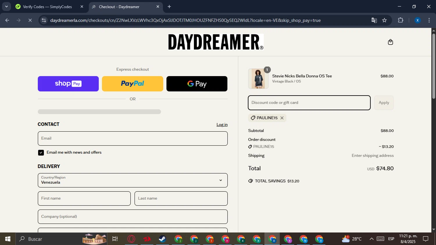 Daydreamer promo code screenshot showing code PAULINE15 applied at Daydreamer checkout page. Uploaded by SimplyCodes community member ExtraordinaryOwl2235 on Apr 9, 2025