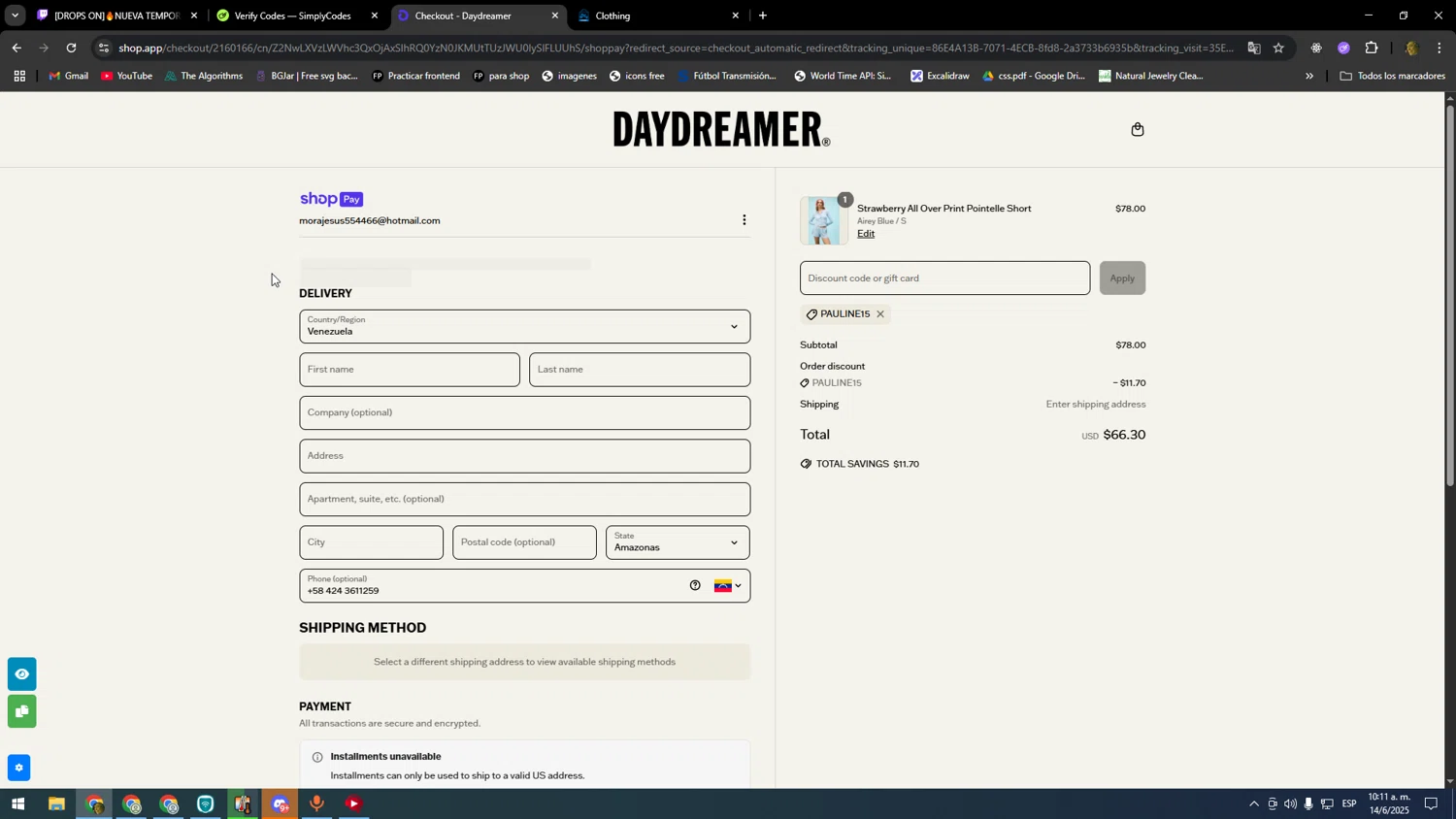 Daydreamer promo code screenshot showing code PAULINE15 applied at Daydreamer checkout page. Uploaded by SimplyCodes community member nomoney on Jun 14, 2025