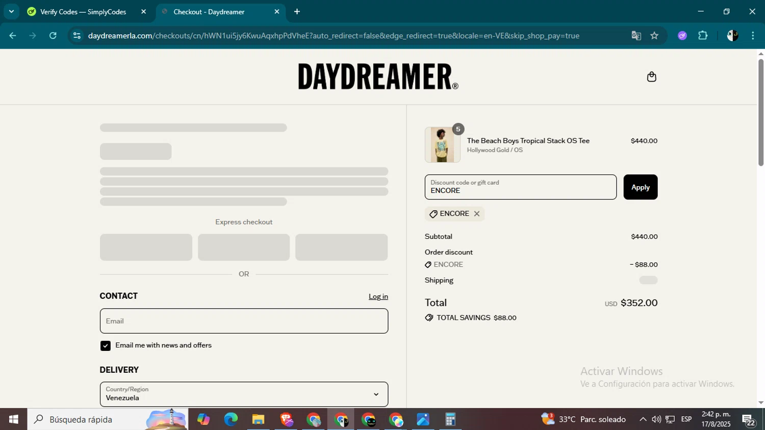 Daydreamer promo code screenshot showing code ENCORE applied at Daydreamer checkout page. Uploaded by SimplyCodes community member CleverSage9163 on Aug 17, 2025
