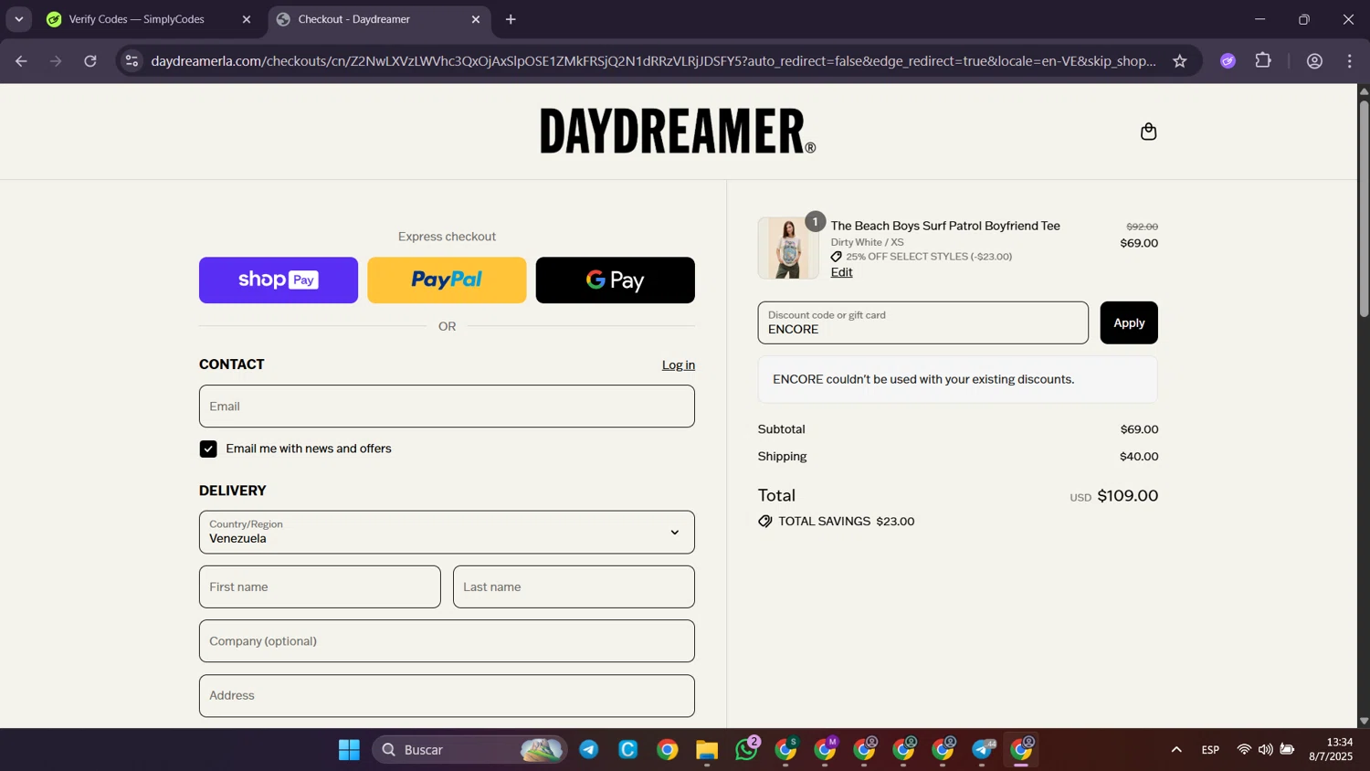 Daydreamer promo code screenshot showing code ENCORE applied at Daydreamer checkout page. Uploaded by SimplyCodes community member Puppet on Jul 8, 2025
