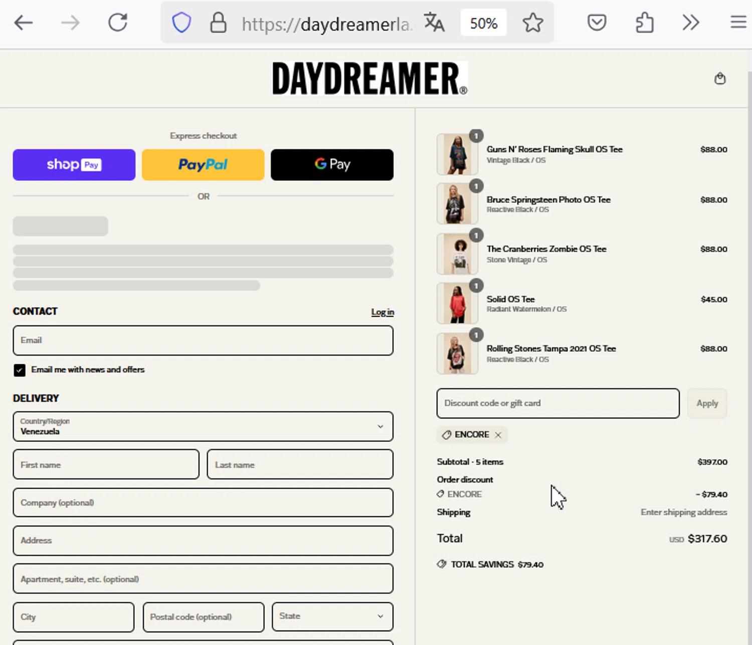 Daydreamer promo code screenshot showing code ENCORE applied at Daydreamer checkout page. Uploaded by SimplyCodes community member ______ on Mar 26, 2025
