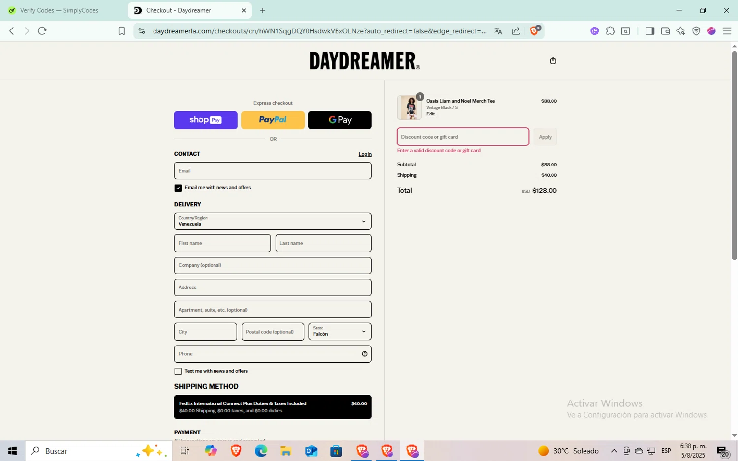 Daydreamer promo code screenshot showing code FreeShipping applied at Daydreamer checkout page. Uploaded by SimplyCodes community member Puta_madre10 on Aug 5, 2025