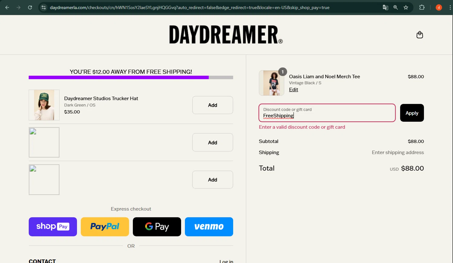 Daydreamer promo code screenshot showing code FreeShipping applied at Daydreamer checkout page. Uploaded by SimplyCodes community member VictoriaMoyeda on Aug 5, 2025