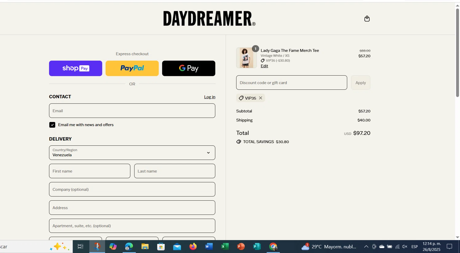 Daydreamer promo code screenshot showing code vip35 applied at Daydreamer checkout page. Uploaded by SimplyCodes community member cristianmendoza on Aug 26, 2025