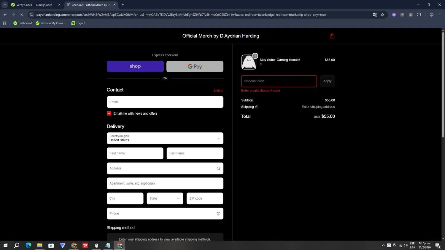 D'Aydrian Harding discount code screenshot showing code SOBERVALENTINE applied at D'Aydrian Harding checkout page. Uploaded by SimplyCodes community member CodeHawk1506 on Feb 11, 2026